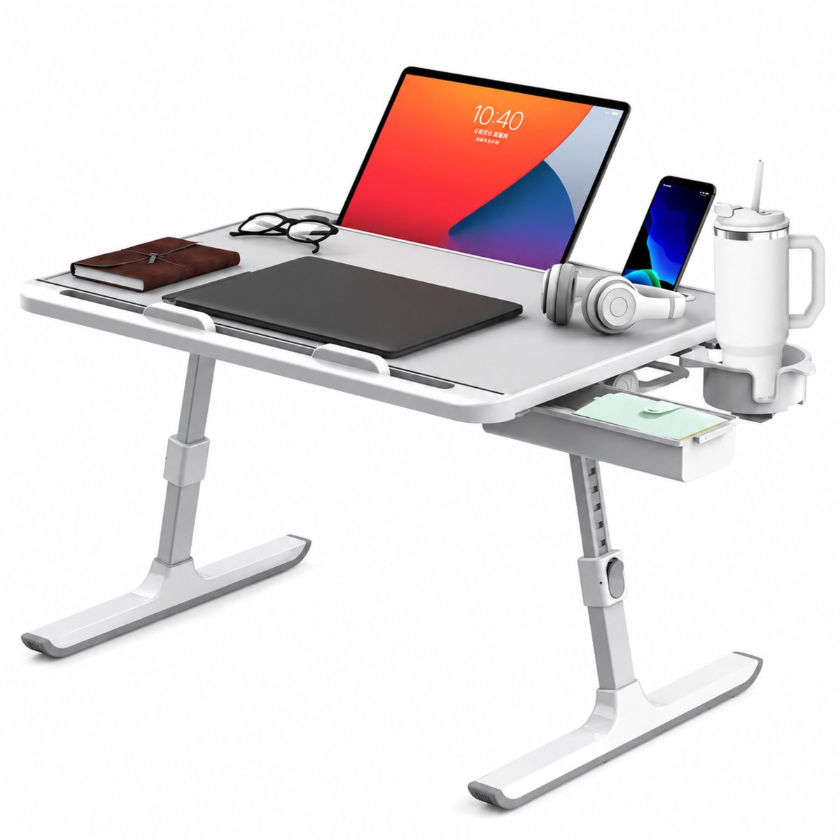 Noventra - Laptoptafel - Verstelbare Bedtafel - Opvouwbare Laptoptafel - Ontbijttafel voor Bed - voor op bed en op de bank - Met Bekerhouder & Lade - Wit
