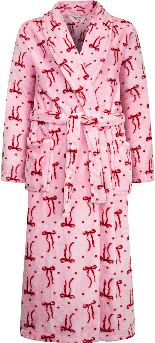 Unisex Badjas Extra Lang met Sjaalkraag en Ceintuur - Ochtendjas - Superzacht Coral Fleece - Heren Dames - Roze Met Strikjes - Maat S/M - 8214