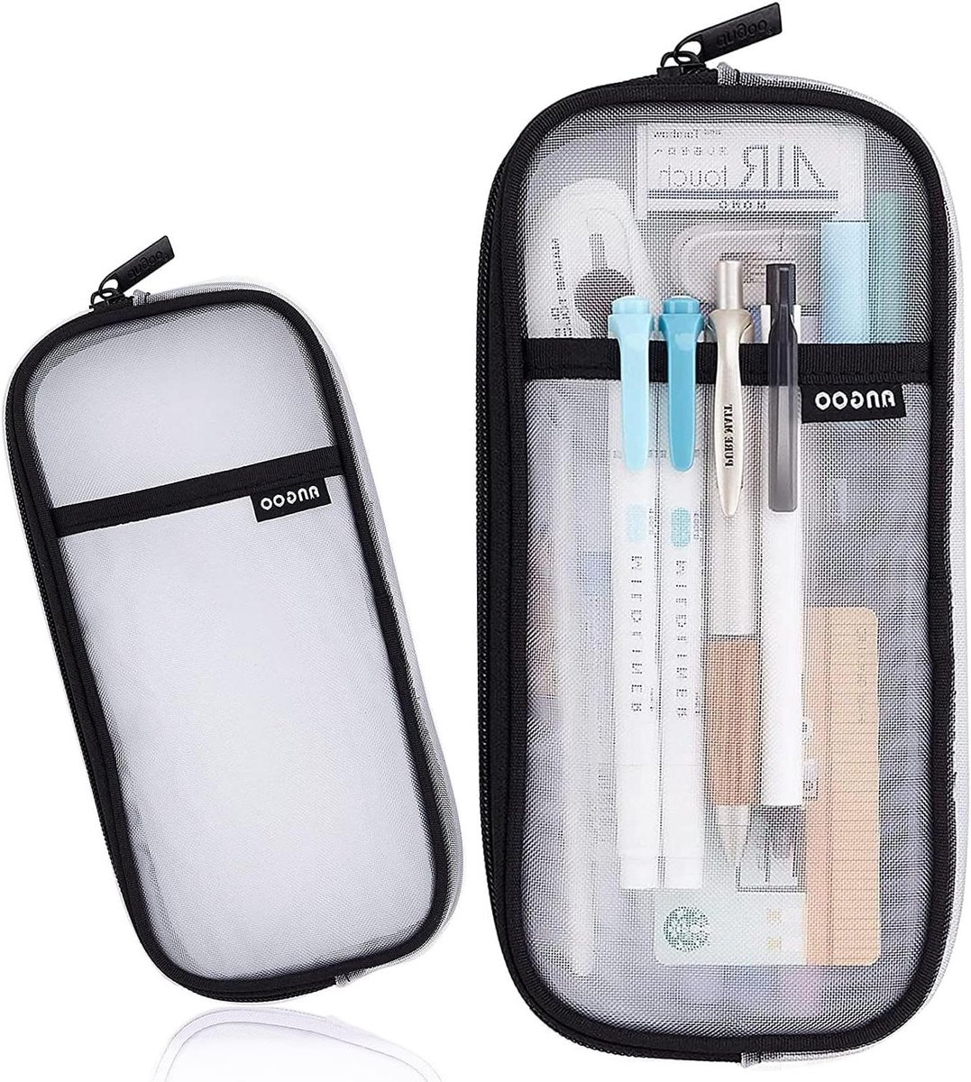 Mesh Etui - Pennenzakje Transparant - Bureau Organisatie - Twee Compartimenten - 23 x 11 cm - Zwart