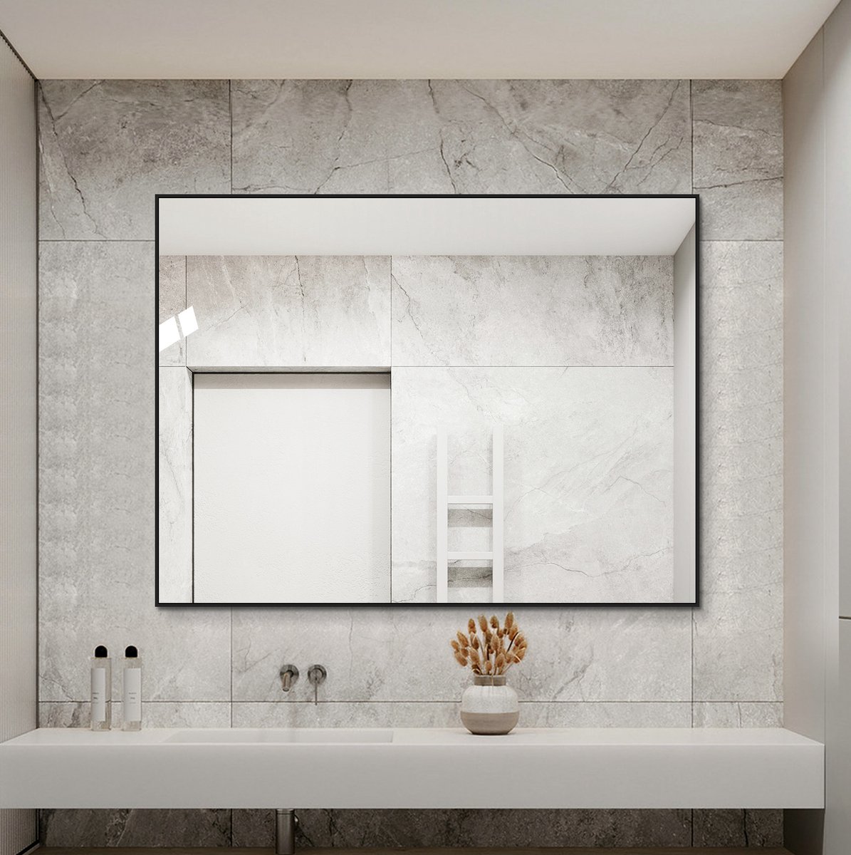 HAUSS SPOLE Spiegel – Badkamerspiegel 80x60 cm – Zwart Aluminium en Glas – Wandmontage Horizontaal of Verticaal – Voor Badkamer en Hal