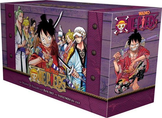 One Piece Wano à Egghead Set de Boîtes Volumes 91-111 avec des illustrations de Luffy et d'autres personnages.