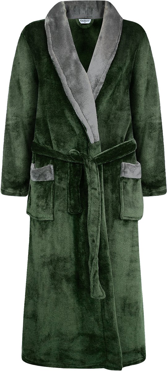 Heren Badjas Extra Lang met Sjaalkraag en Ceintuur - Ochtendjas - Superzacht Coral Fleece - Unisex Pasvorm Heren Dames - Olijfgroen met Grijze Kraag - Maat S/M - 8218-Green