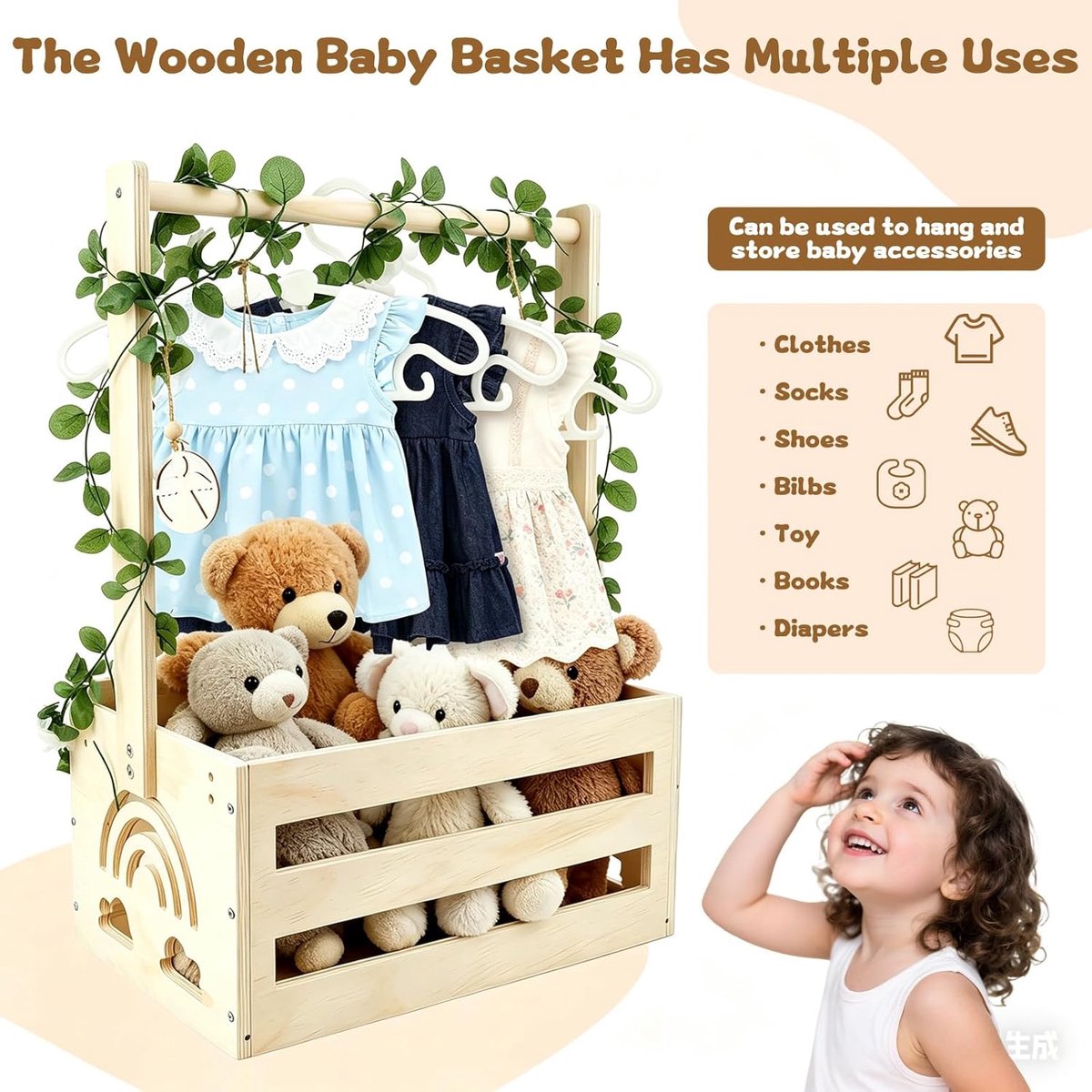 Houten babymand - Baby opbergmand Decoratiemand - Babykamer organiseren - Met handvat en hangers – foto 4