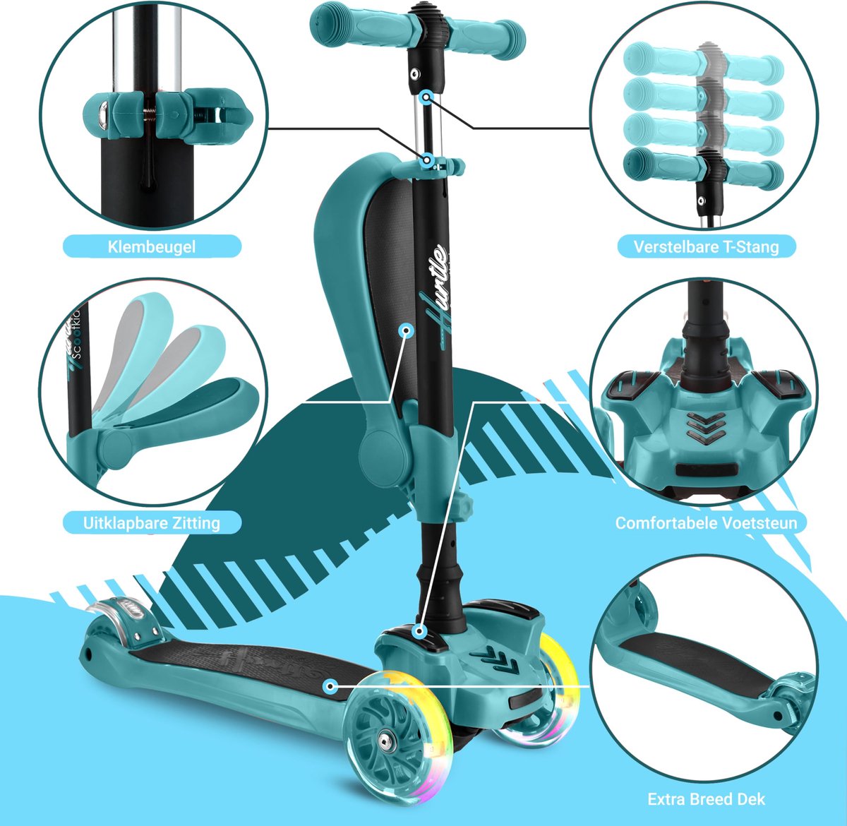 SnelShoppen - Hurtle Kinderstep 3-wiel Step Opvouwbare Scooter met Verstelbare Hoogte, Antislip Platform, LED Verlichte Wielen voor Meisjes/Jongens va