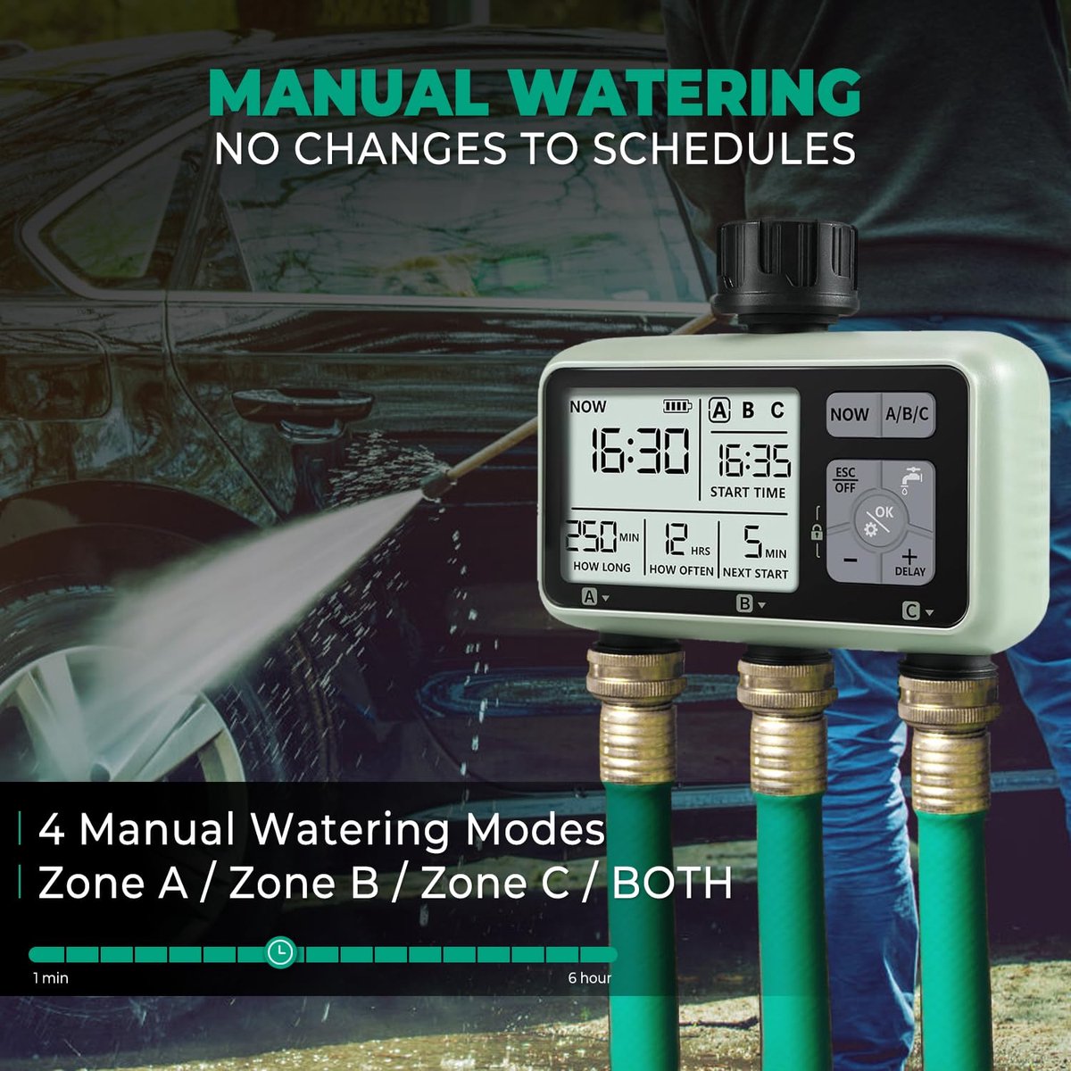 SnelShoppen - 3 Zones Watertimer Tuinslangtimer met Regenvertraging, Handmatige Besproeiing, Programmeerbare Sproeiertimer voor Tuin, Gazon, Zwembad,