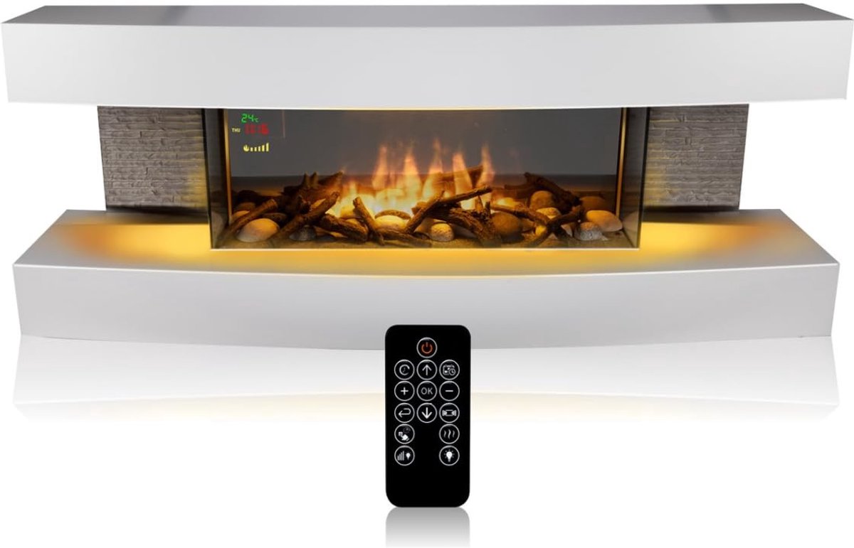 SnelShoppen - Classic Fire Sfeerhaard Elektrisch Montreal - Vrijstaande Sfeerhaard met Schouw 2000W, Afstandsbediening, Timer, LED Vlammen - Wit voor