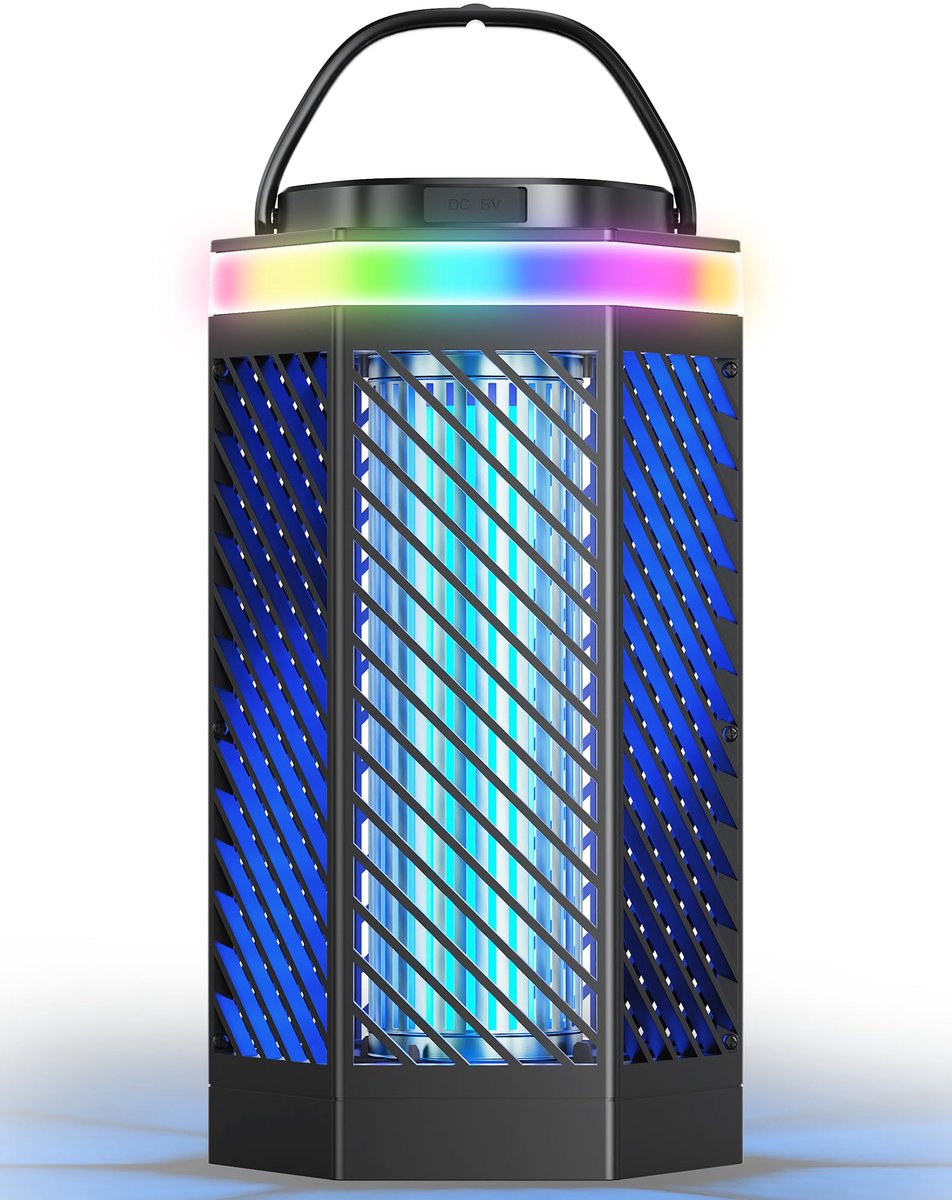 SnelShoppen - Regevo Elektrische Insectenverdelger 3-in-1 Muggenlamp met UV-Licht, 8000 mAh Accu, Wit met RGB-Verlichting, IPX4 Waterdicht, USB-C Opla