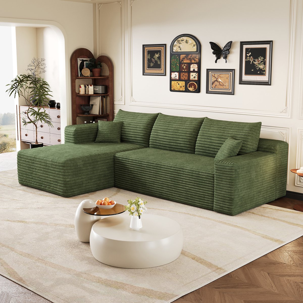STILVORA Hoekbank 241 Cm - 3-Zits Met Chaise Longue En Diepe Zit - Zonder Montage - Voor Woonkamer En Slaapkamer - Corduroy Groen