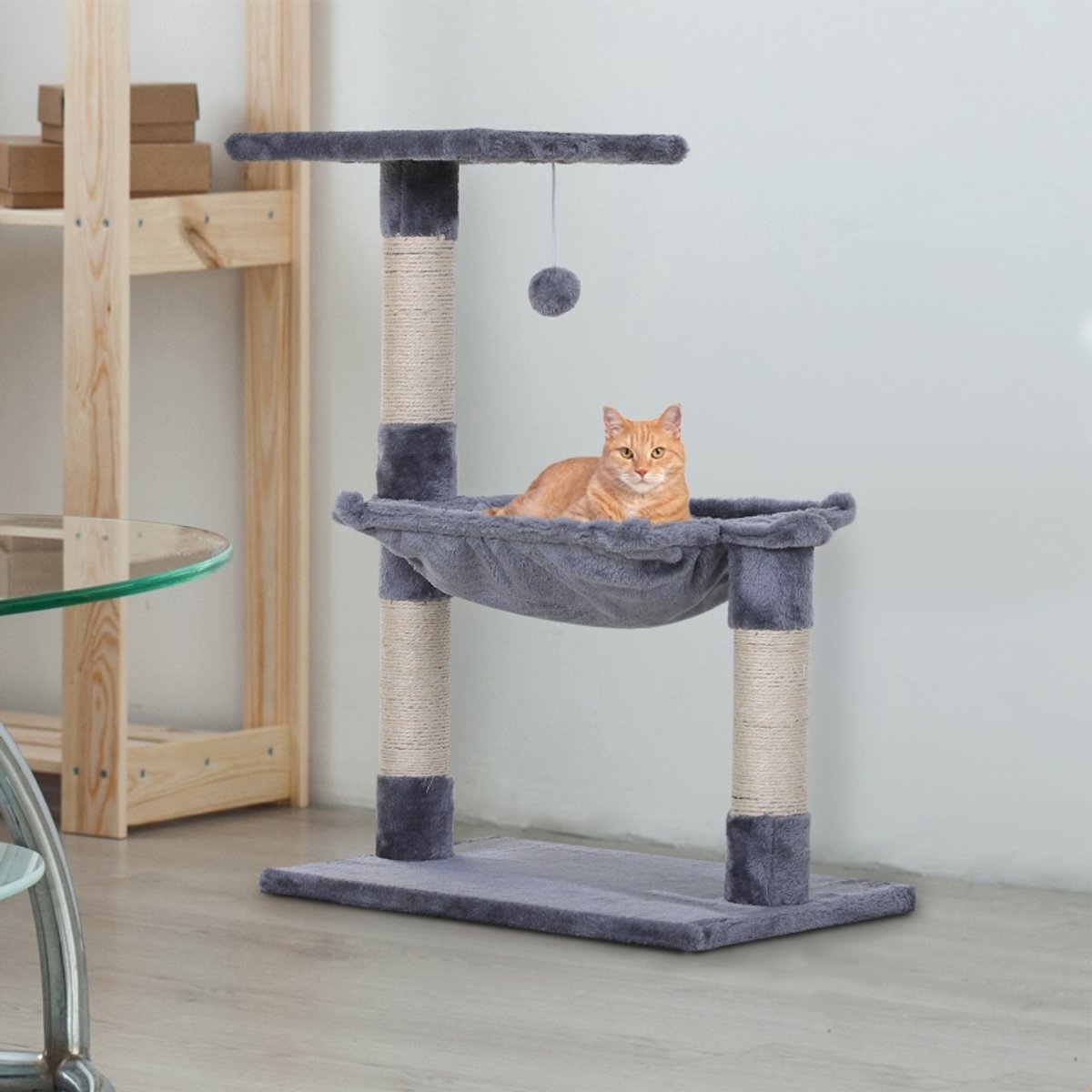 FloraGrace Krabpaal – 50 x 36 x 70 cm – Met Hangmat En Platform – Pluche En Sisal – Grijs – Voor Krabben Rusten En Spelen