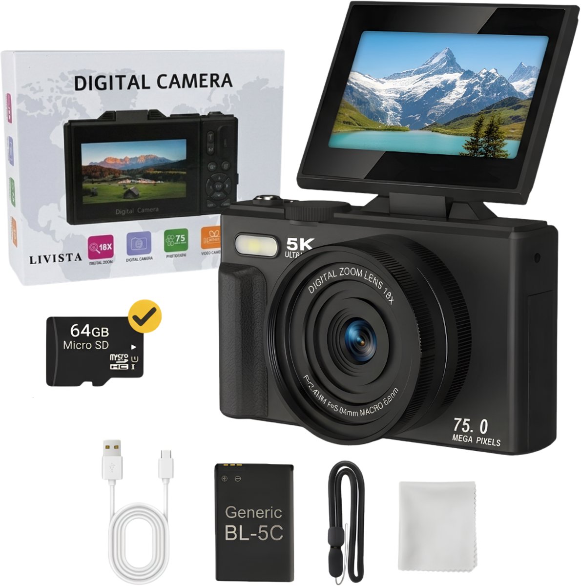 Livista Digitale Camera 5K - 75MP - 18X Digitale Zoom - WiFi - 3.0" UHD-display - Fototoestel - Mini Camera - Fotocamera - Compact Camera - Incl. 64GB SD Kaart - Vlog Camera voor Kinderen