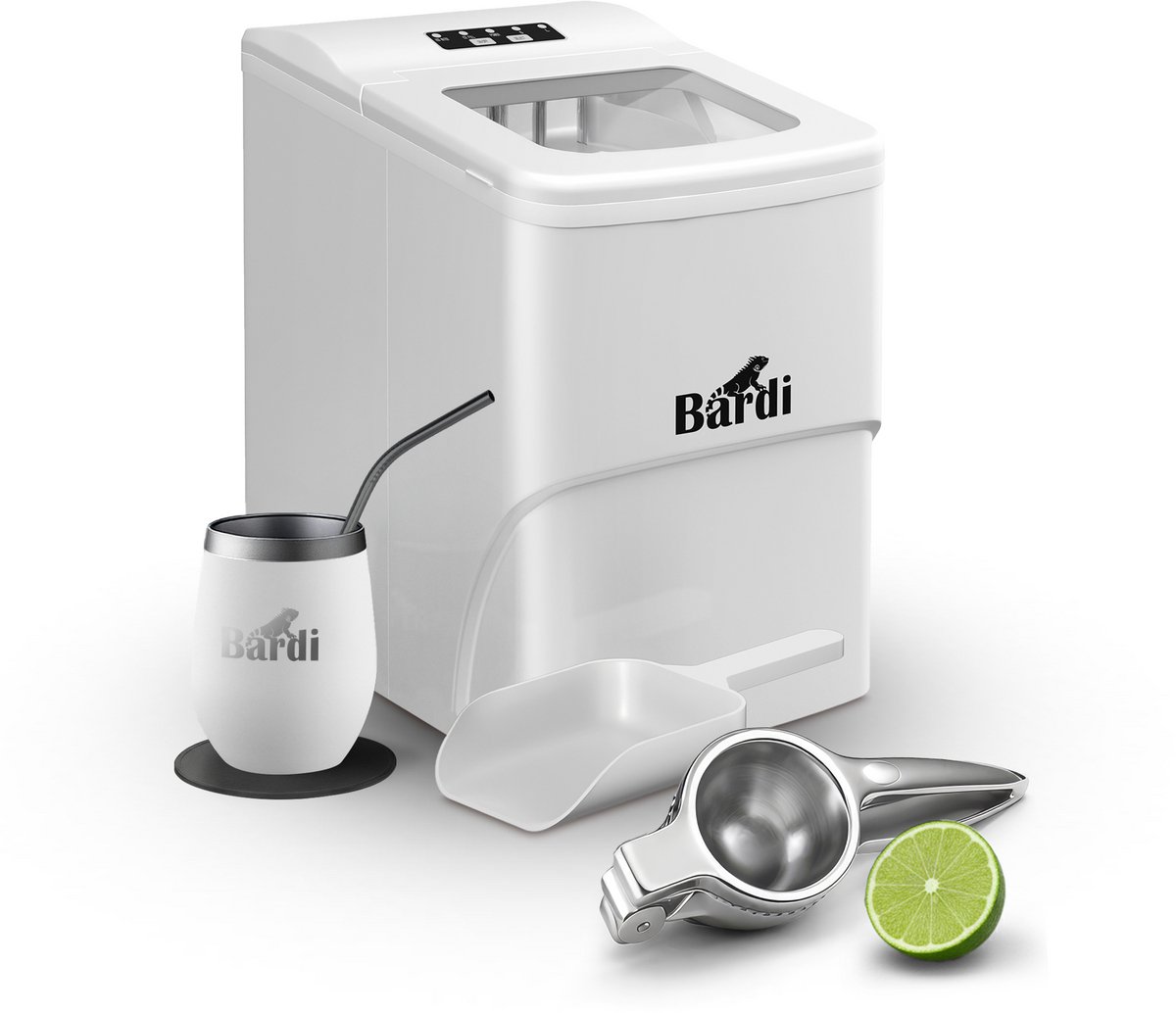 Bardi IJsblokjesmachine Set - 2 Liter - 12KG IJsblokjes in 24 uur - met IJsschep - Inclusief 1 Luxe Thermosbeker - Wit - Citruspers RVS