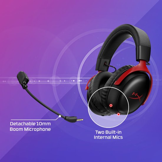 Detail van een zwarte en rode HyperX Cloud III S Wireless gaming headset, met focus op de afneembare microfoon.