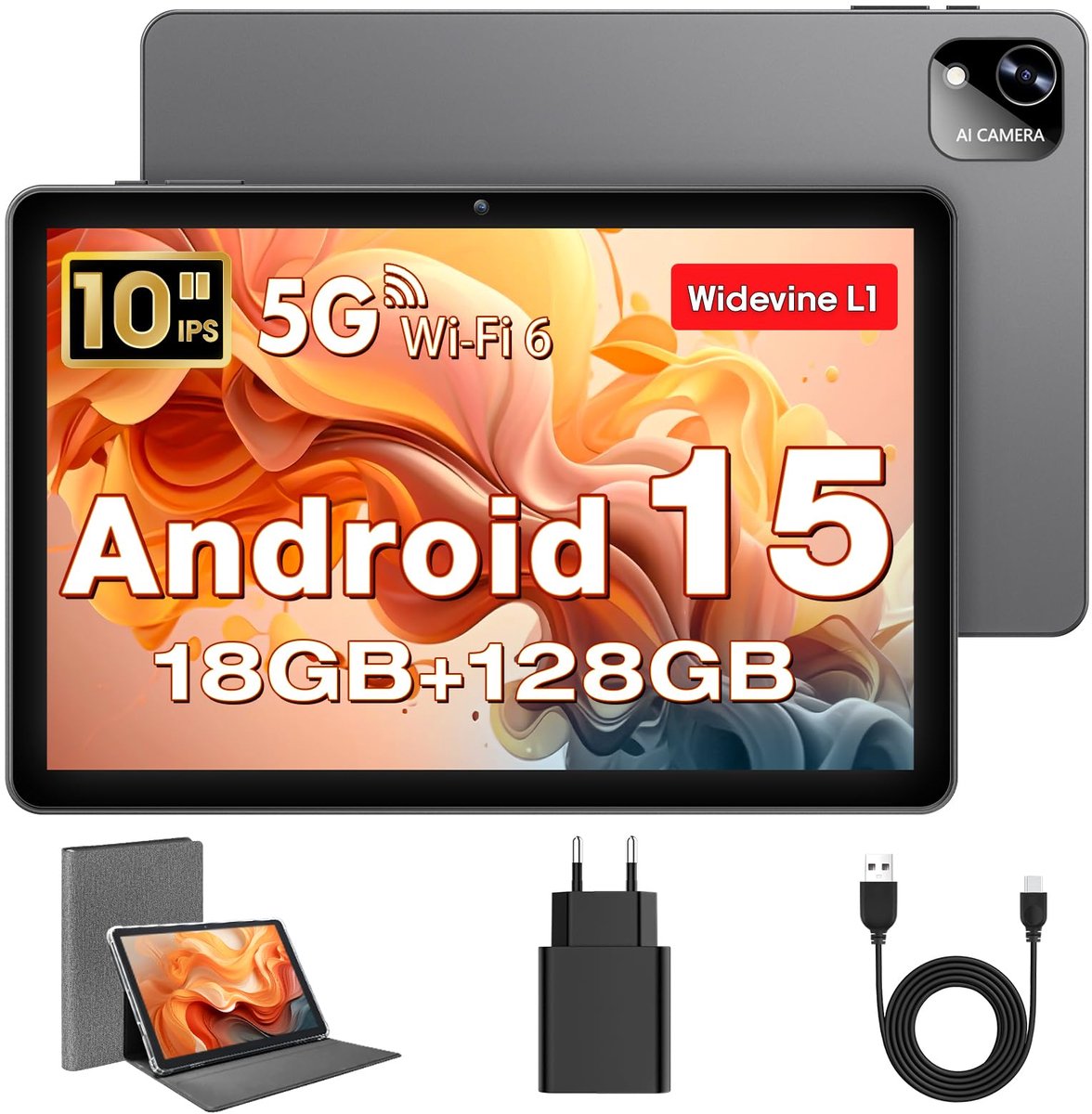 SnelShoppen - 10 Inch Android 15 Tablet met Hoes, Unisoc T30 Quad-Core, 18 GB RAM, 128 GB ROM, 1 TB TF, 6000 mAh, WiFi 6, GPS, Dual Camera, HD IPS-Sch