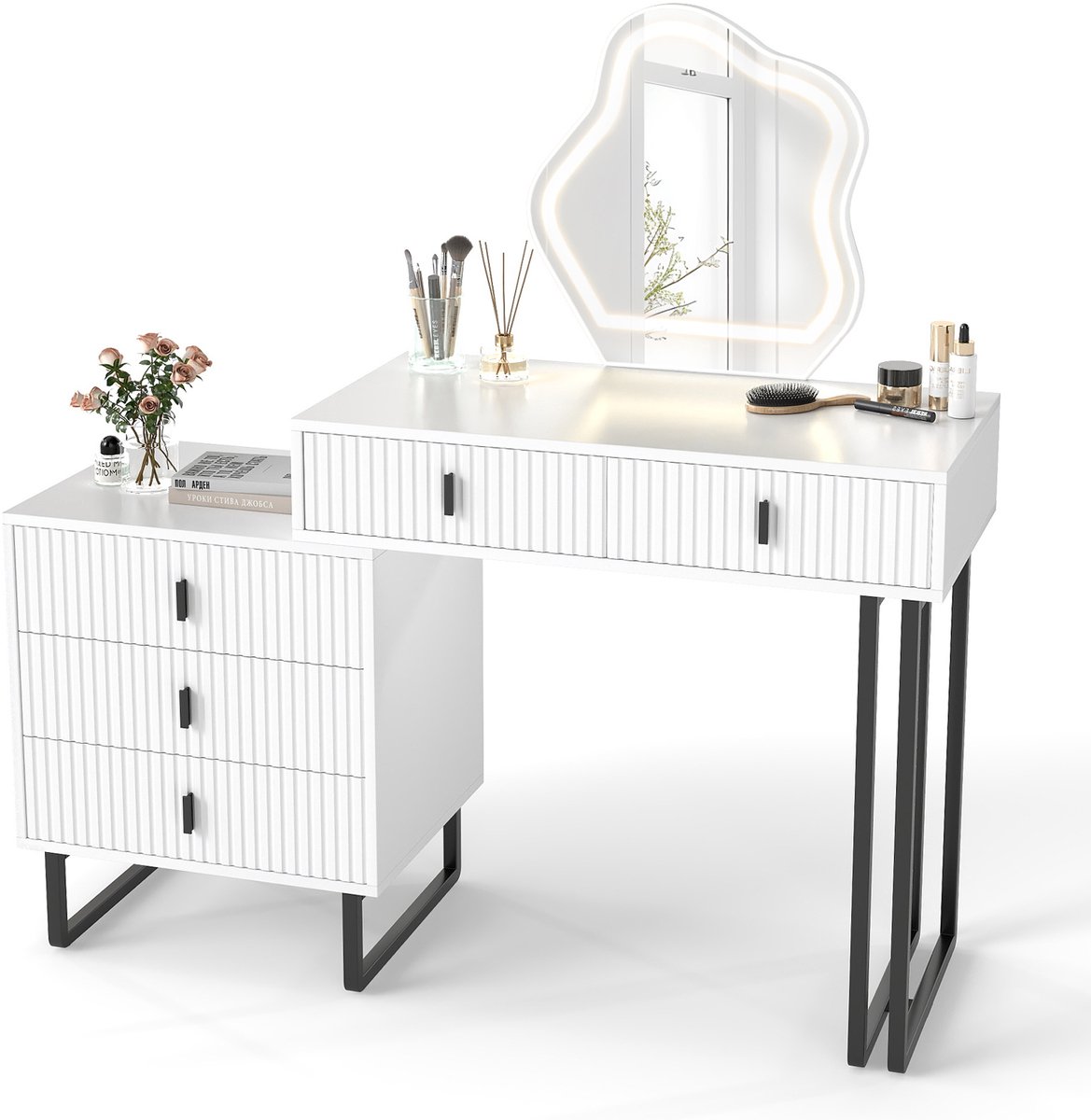 COSTWAY Kaptafel met LED-spiegel & Bijzettafel – Make-uptafel met 3 Lichtmodi, Instelbare Helderheid, 5 Lades & Zijdelingse Opbergkast, Frisiertafel met Geribbelde Afwerking (120 x 40 x 124 cm)