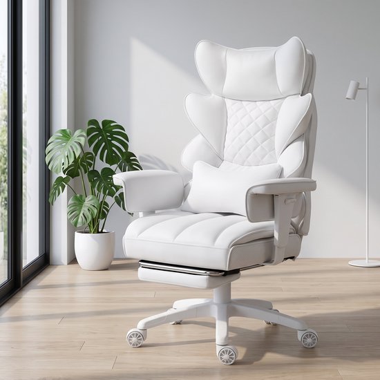 Dowinx Gamingstoel - Ergonomische Bureaustoel - Pocketvering Zitkussen - Dubbele Zachte Rugleuning - Verstelbaar Lendenkussen - Armleuningen - Voetsteun - PU - Wit