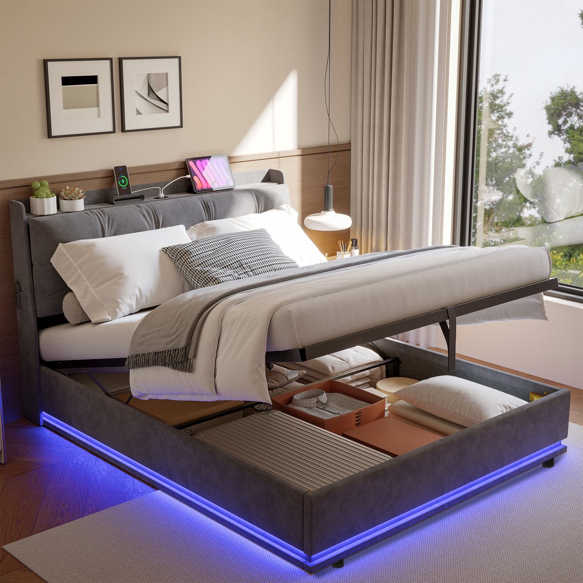 Opbergbed 140x190 cm met LED verlichting, grijs velvet tweepersoonsbed, USB-C laadstation, grote bedkist met gasveer