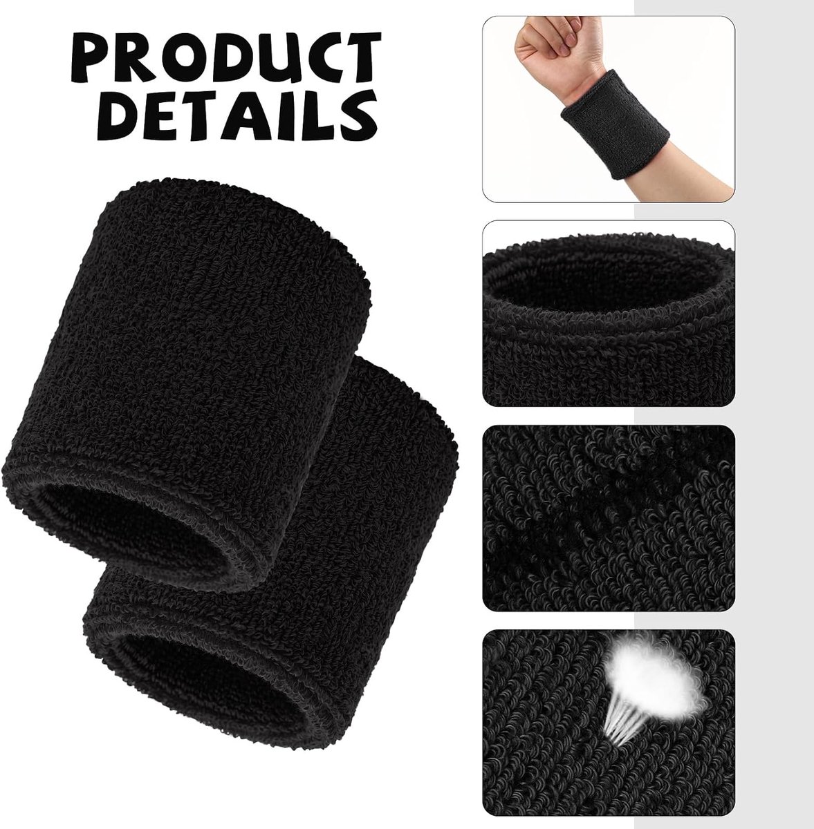 Set van 8 sportpolsbandjes - vochtafvoerende polsbandjes -hardlooppolsbandjes - zweetabsorberende sportpolsbandjes - tennispolsbandjes - verdikte katoenen gymnastiekpolsbandjes - rugbypolsbandjes - unisex - geschikt voor feestjes - zwart - 9,5*7,5 cm — cadeau in Sport & Outdoor - foto 6