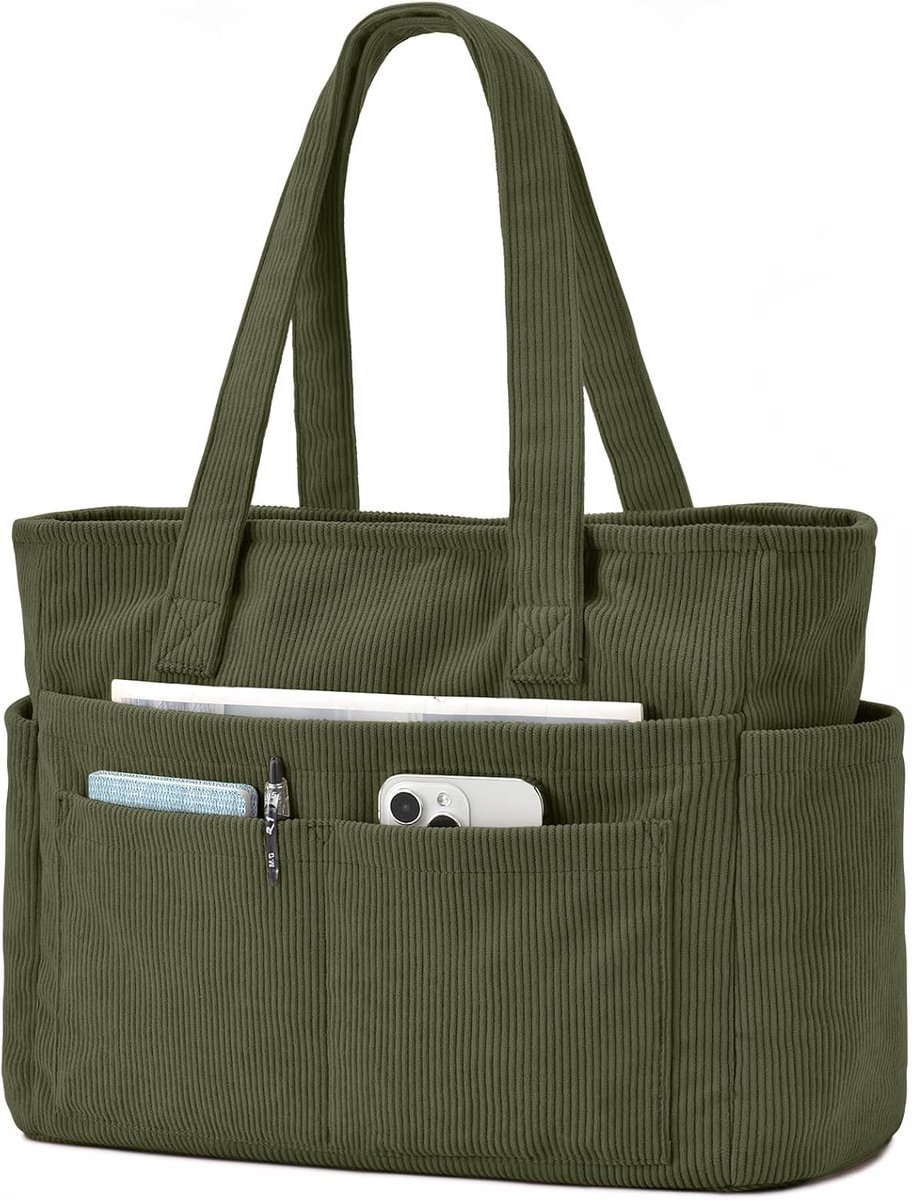 SnelShoppen - Oskaurt Corduroy Tas Dames, Grote Shopper met 13 Vakken, Laptopvak, Ritssluiting, Opvouwbare Schoudertas, Tote Bag, Strandtas voor Schoo