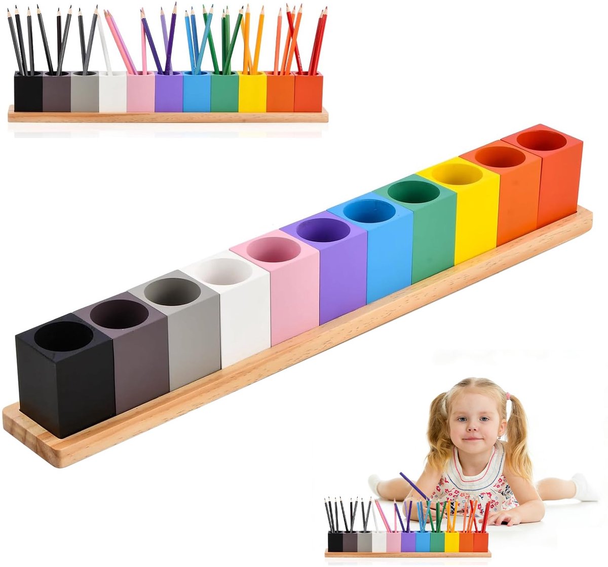 SnelShoppen - Houten Kleurpotlodenhouder met 11 Vakken - Montessori Pennenorganizer van Massief Hout - Desk Organizer voor Thuis en Kantoor - Pensorte