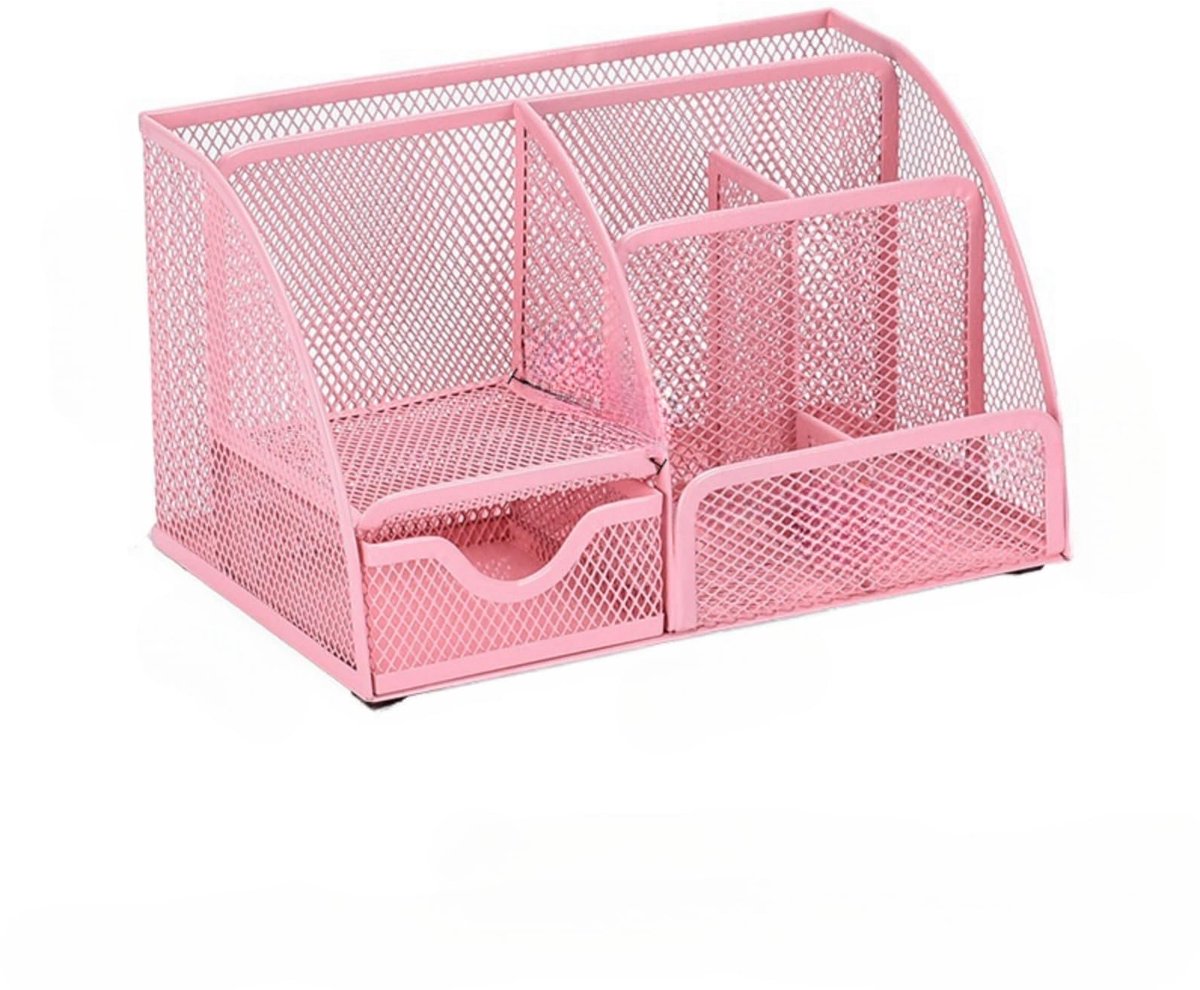 SnelShoppen - Roze Bureau-organizer met 7 Compartimenten - Metalen Gaas Potloodhouder voor Kantoor, Studie, Thuis - Perfect voor Pennen, Clips, Notiti