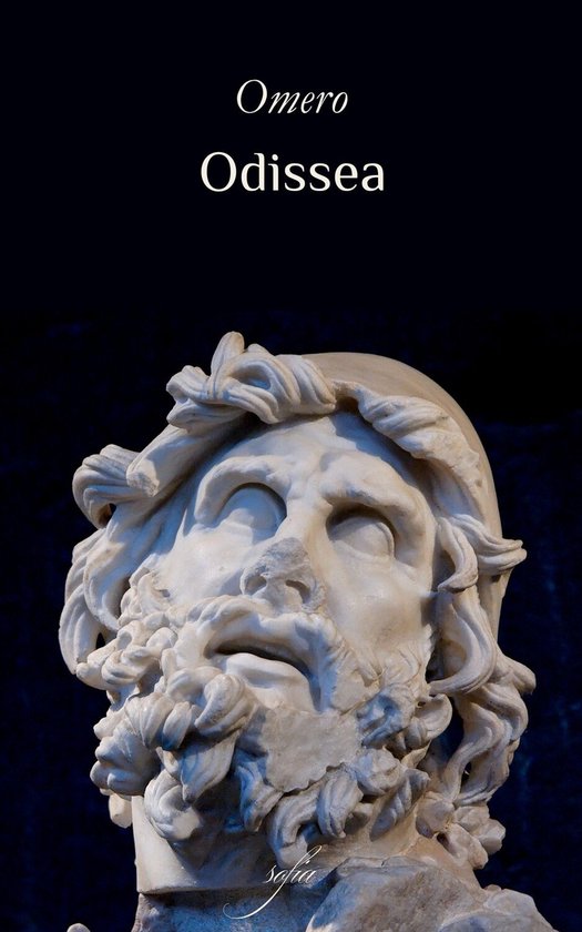 Buste d'homme avec cheveux longs et ondulés et barbe fournie. Le texte 'Omero Odissea' est au-dessus.