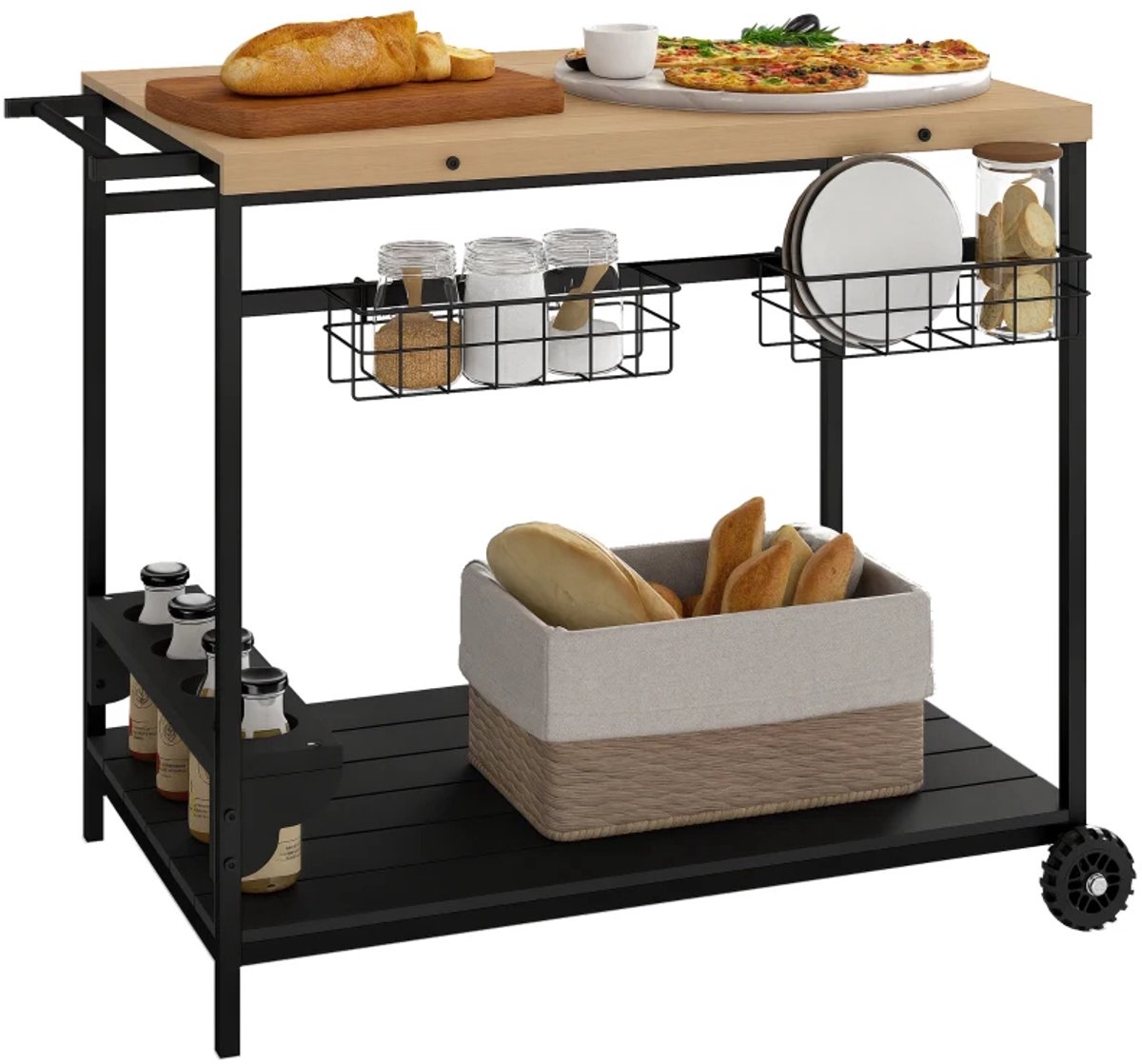 Buitenkeuken op Wielen – BBQ Trolley – Met Opbergkast & Planken – Werktafel voor Buiten – Hout & Staal – Multifunctioneel – Naturel, Zwart