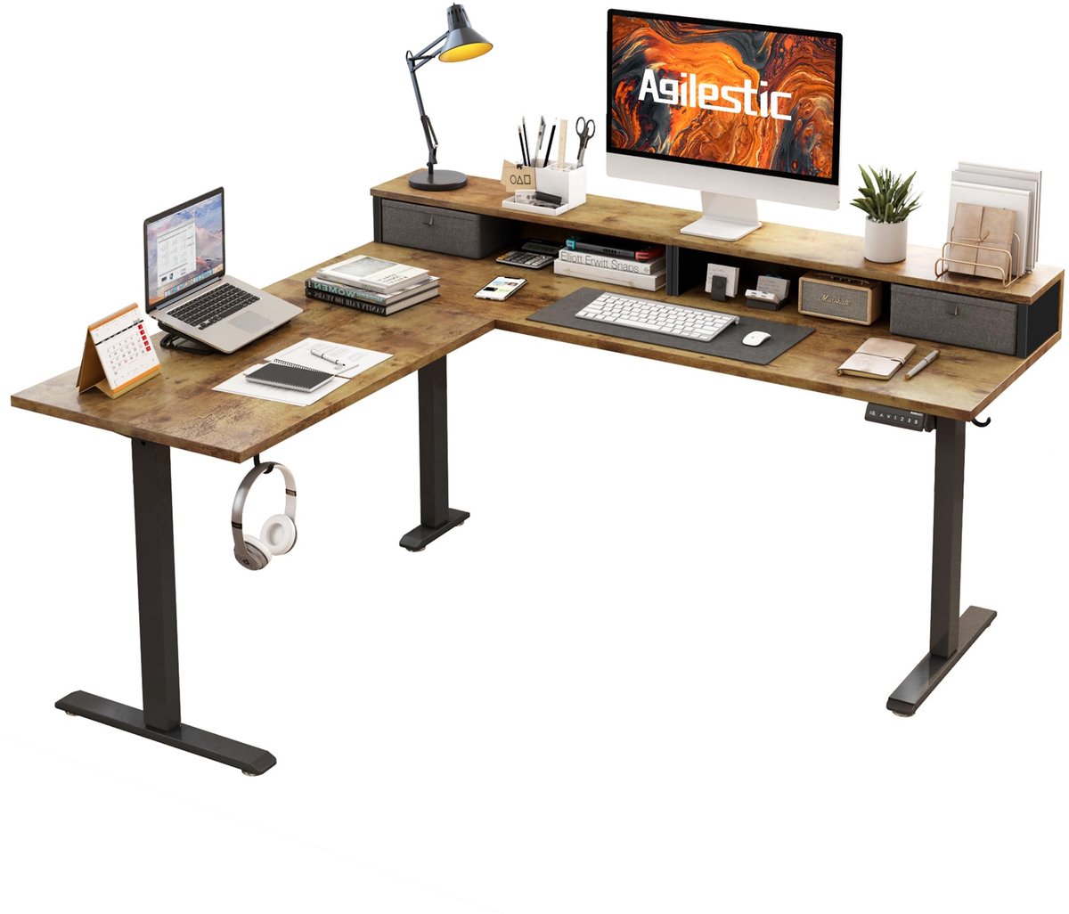 SnelShoppen - Agilestic L-vormig elektrisch sta-bureau 160 cm met 2 lades, ergonomisch in hoogte verstelbaar hoekbureau, bruin, ideaal voor thuiskanto