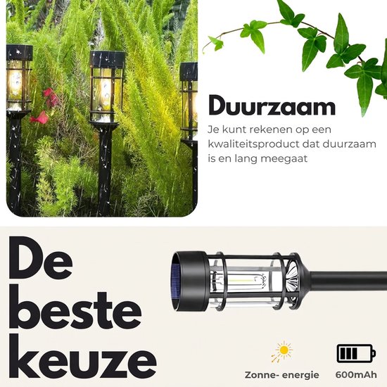 Drie zwarte lantaarnpalen met filament LED in een weelderige tuin.