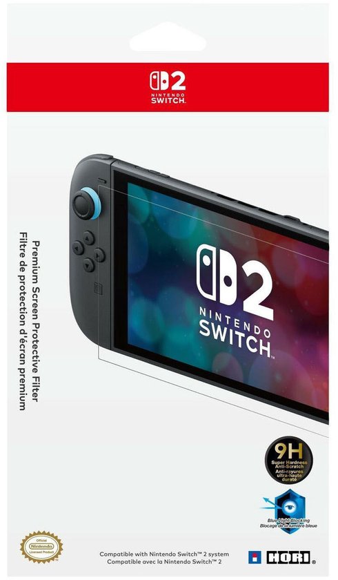 Verpakking van de Nintendo Switch 2 HORI Premium Screen Protector Filter met de console.