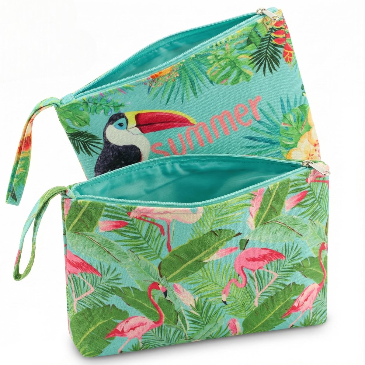 Dailygoods - Stijlvolle make-uptas set - Tropisch design - Turquoise/groen - Make-uptassen Flamingo Tukan - Perfect voor dagelijks gebruik - 2-delige set
