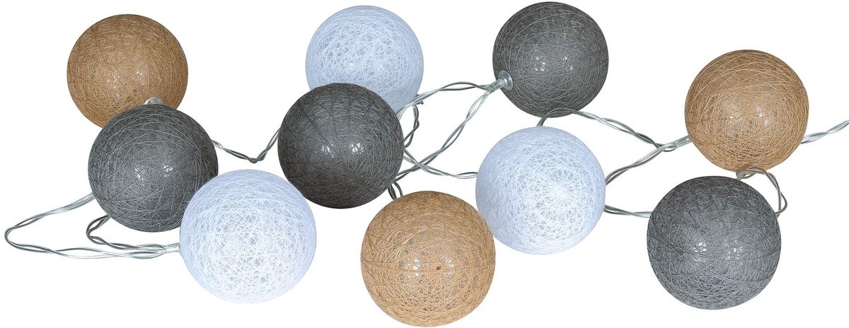 Dailygoods- Lichtketting met 10 LED-bollen - Katoenen Lampions - Decoratie Verlichting - Bruin/Grijs/Wit - Uniek Ontwerp - Stijlvolle Decoratie - Decoratieverlichting