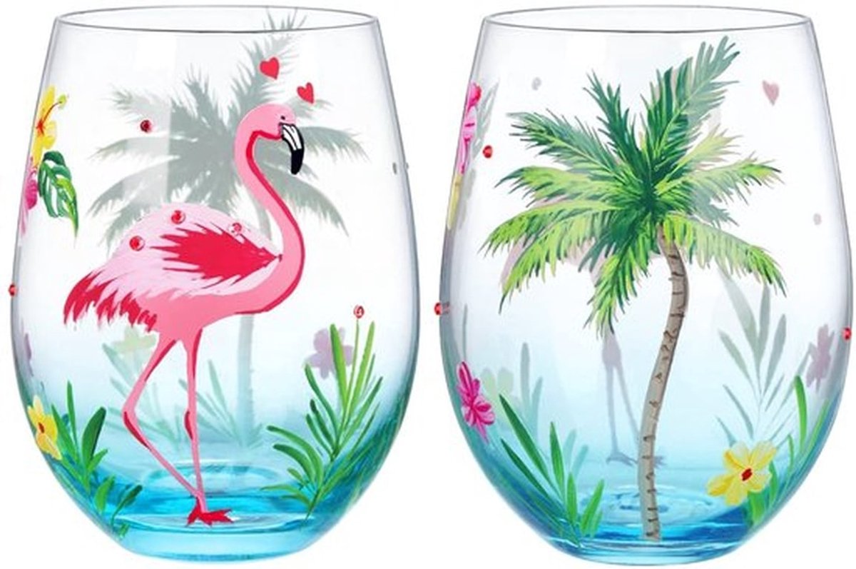 Cocktailglas Set Van 2 - Handgeschilderd Flamingo - Kristalglas - Tumbler - 18oz - Inclusief Geschenkverpakking - Wijnglas