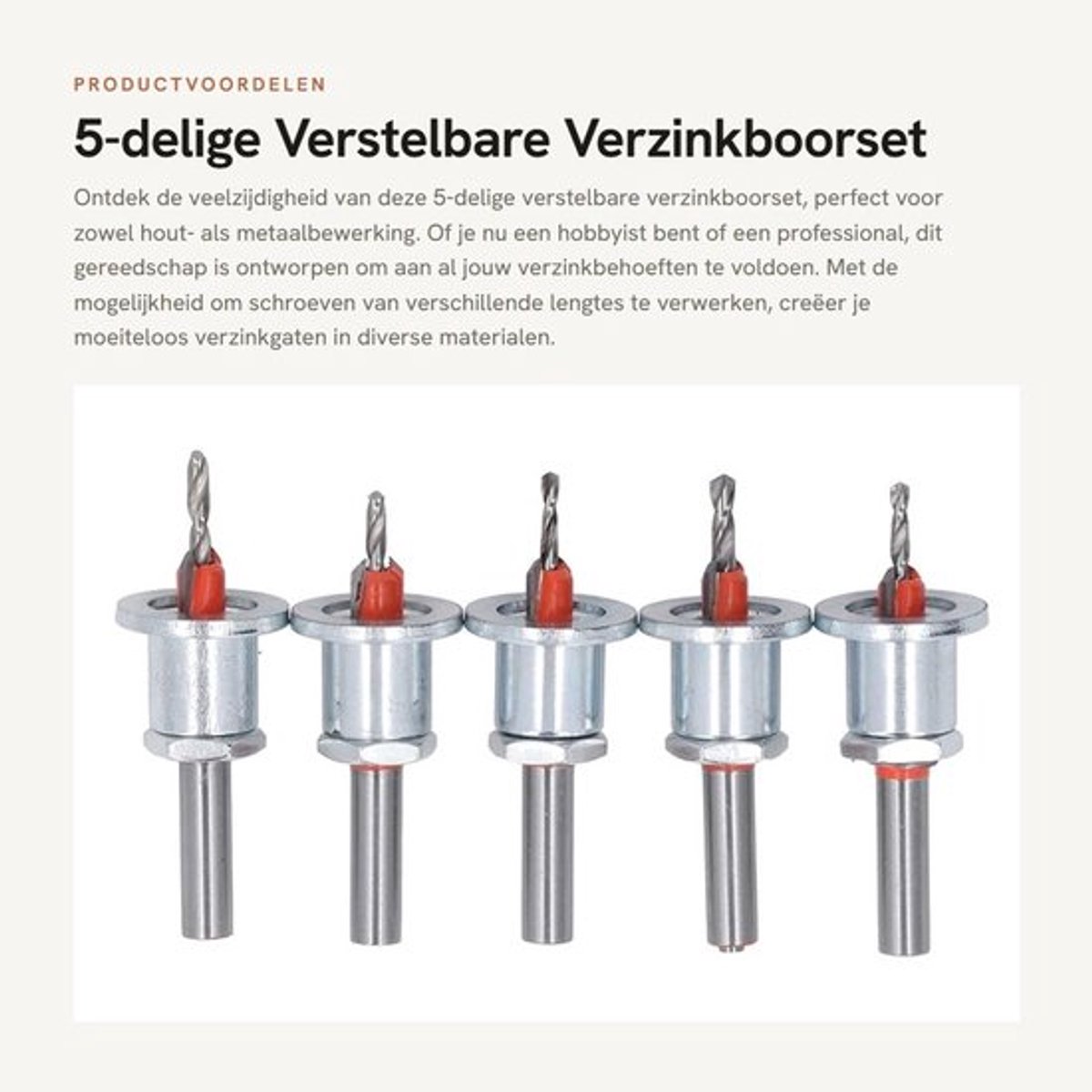 Verzinkboorset 5-delig - Verstelbaar - Hout/metaal - Gereedschap - Koffer - Consistente diepte - Boorset