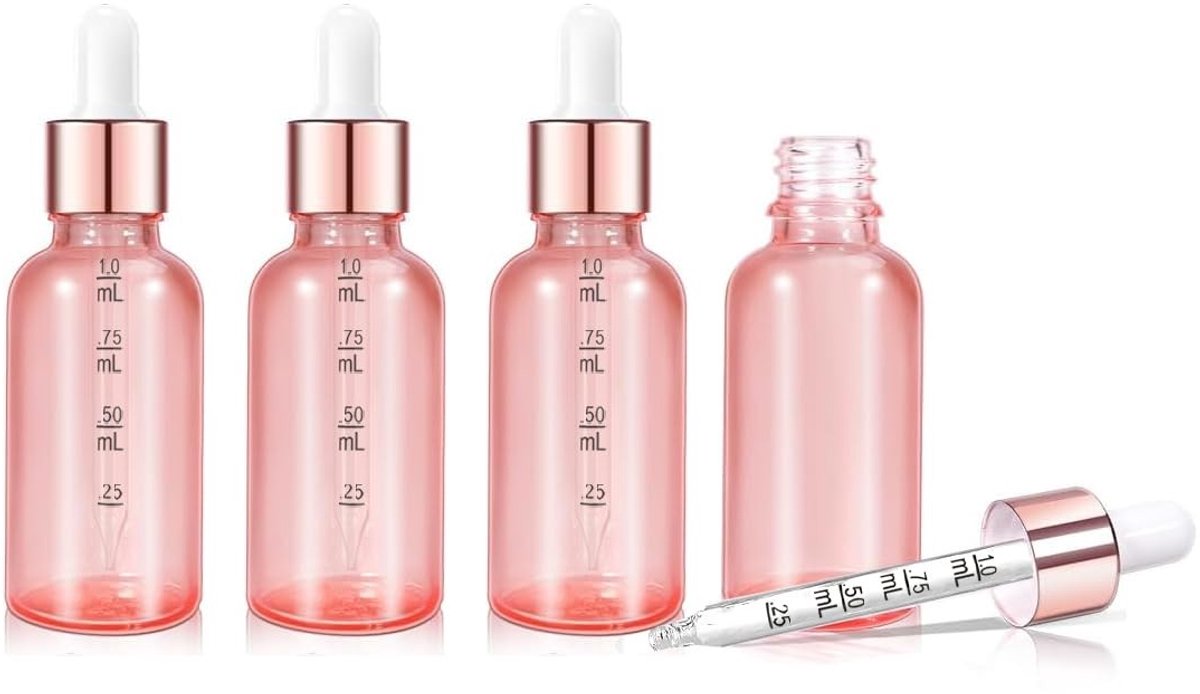 Dailygoods- Pipetflesjes 30ml - 4 Stuks - Roségoud Glas met Gegradueerde Pipetten - Inclusief Trechter/Pipetten - Voor Essentiële Oliën/Tincturen - Compact en Lekvrij - Druppelflesjes
