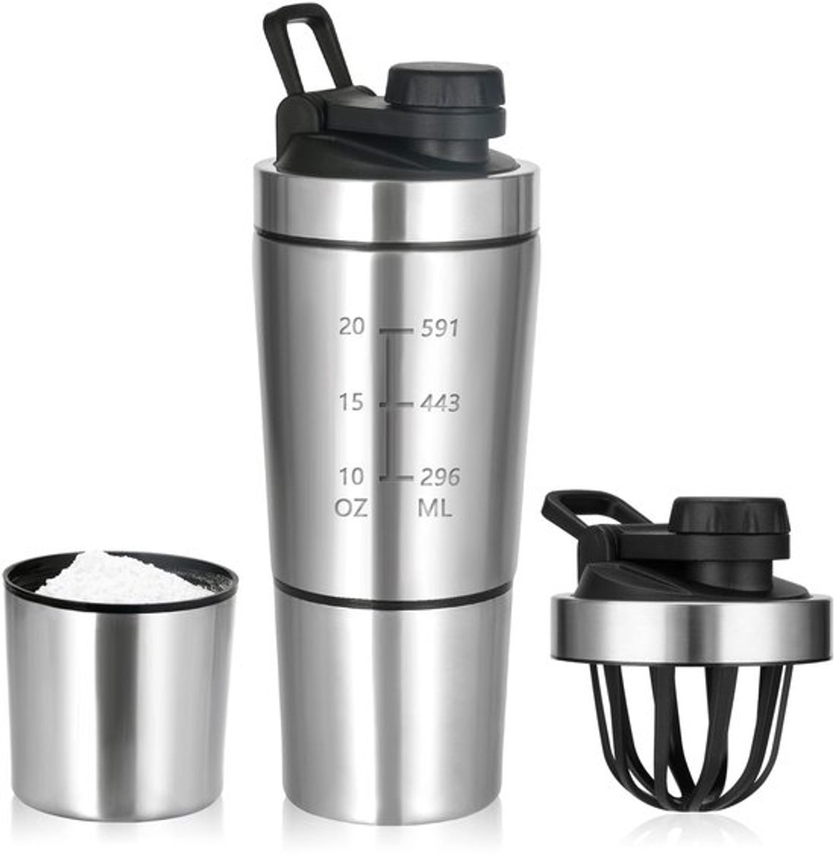 Eiwitshaker - Roestvrij staal - Dubbellaags en BPA-vrij - 700 + 200 ml - Proteïneshaker voor sport en fitness - Geschikt voor actief leven