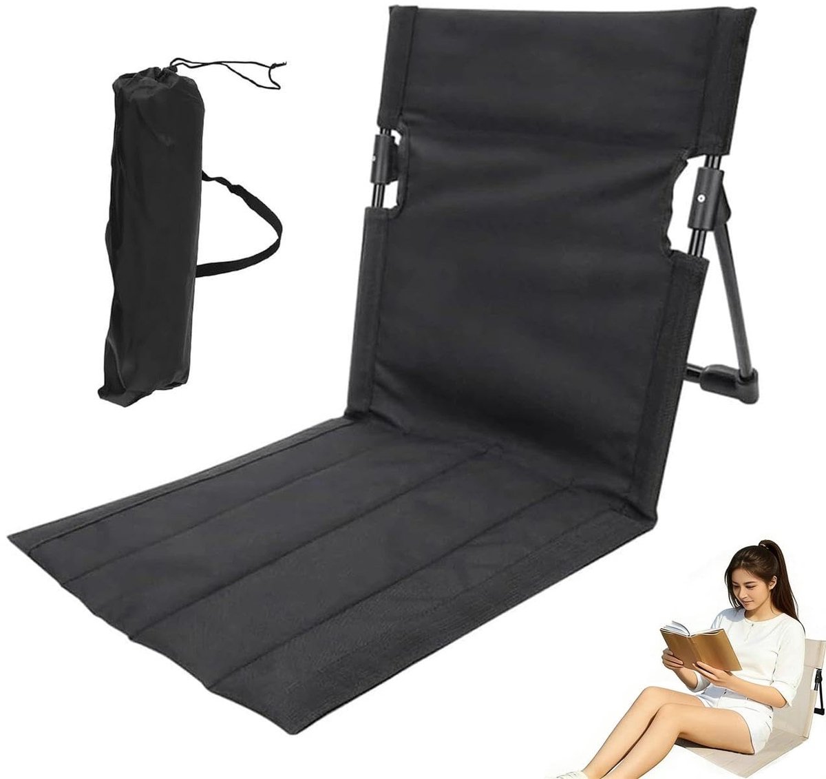 Dailygoods - Inklapbare Strandmat met Rugleuning - Lichtgewicht Zwart