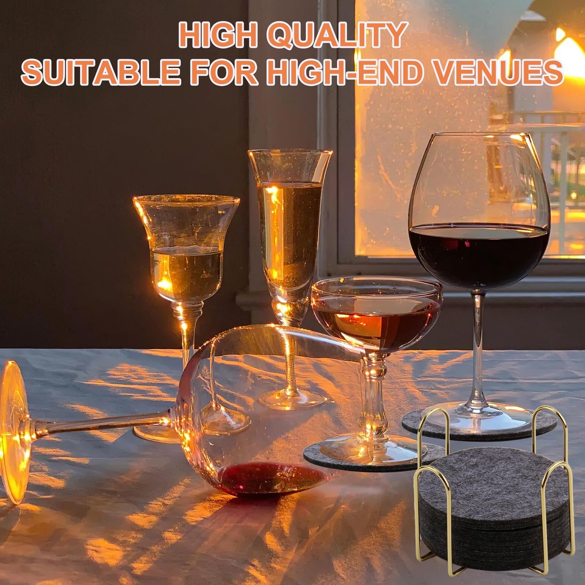 Dailygoods - Set van 10 Vilt Coasters - Donkergrijze Onderzetters met Gouden Accenten