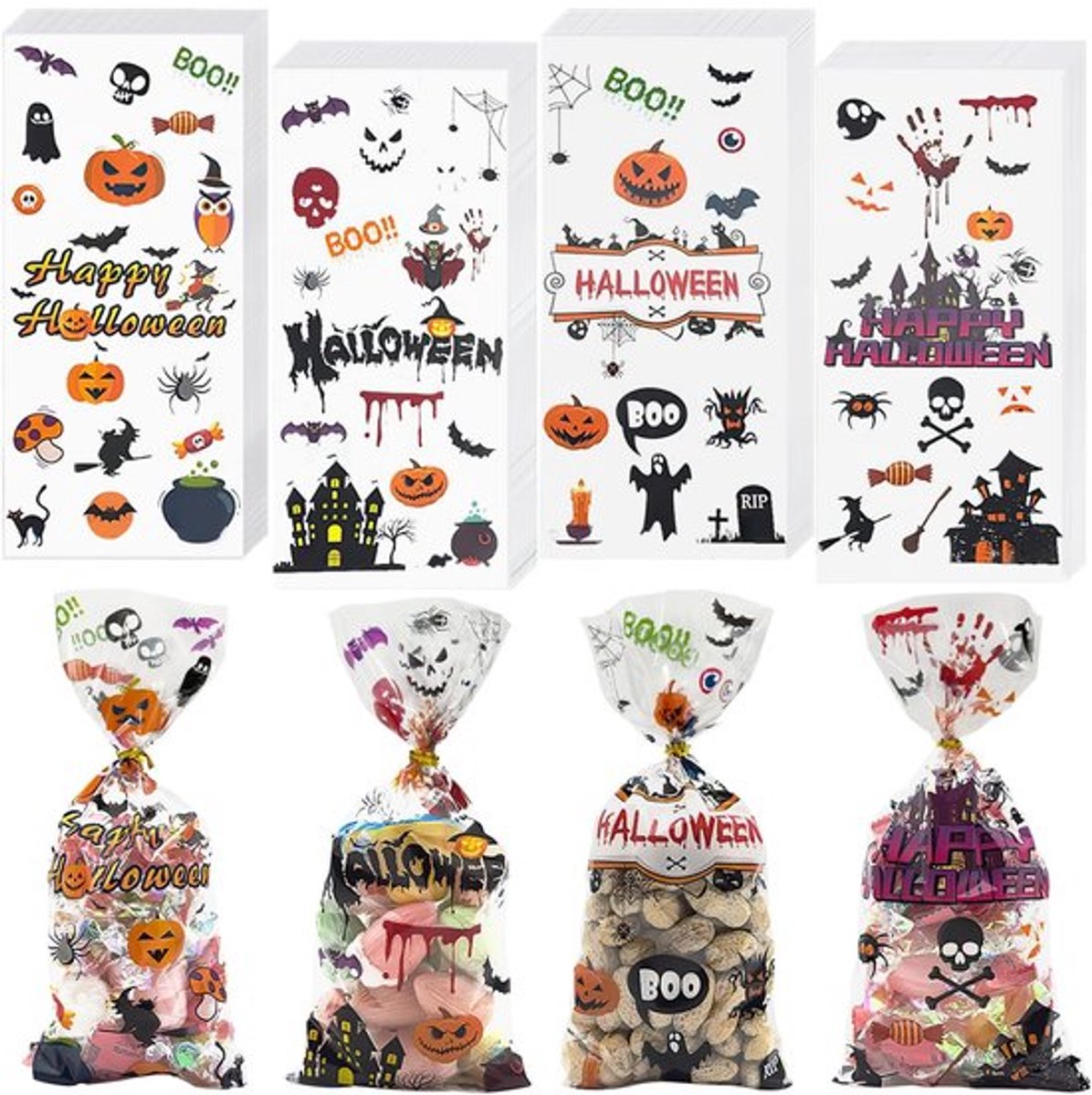 Halloween Cellophane Zakken - Candyzakjes - 100 Stuks - Transparant - Cadeauverpakkingen - Geschikt voor Halloween - 4 Stijlen