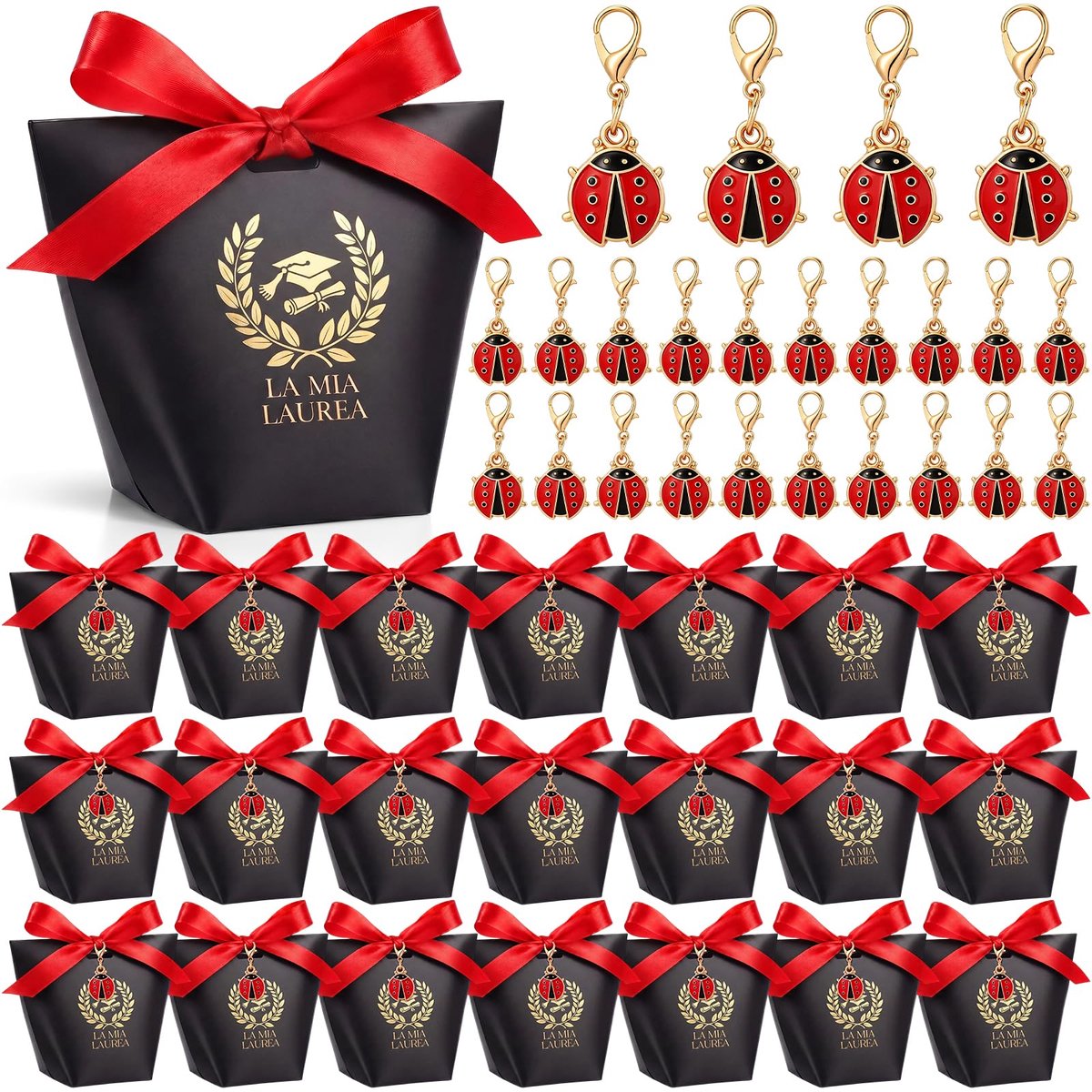 Dailygoods - 30 Sets Cadeauverpakkingen Voor Afstuderen - Zwart met Lieveheersbeestje Sleutelhanger