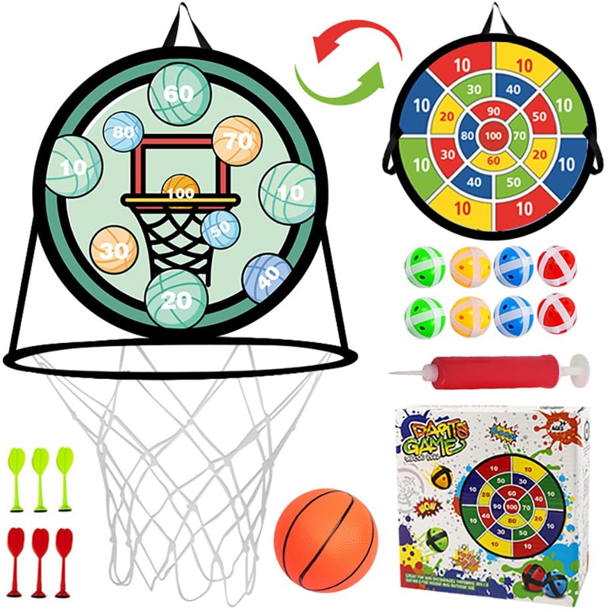 Dailygoods- Basketbalmand 2-in-1 - Klittenband Dartbord - Mini-Basketbal - Speelgoed voor Kinderen - Veiligheid - Binnen/Buiten Spel - Speelgoedbasketbal