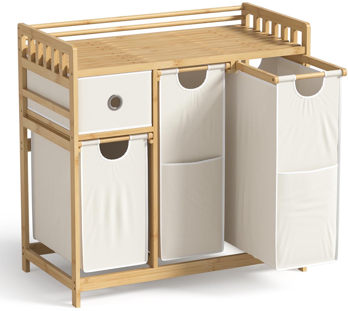 SnelShoppen - Wasmand met 4 Vakken - Wassorteerder - Maximaal 130L - Bamboe - Afneembare Waszak - Inclusief Plank - 78x41x78 cm - Ideaal voor Wasruimt
