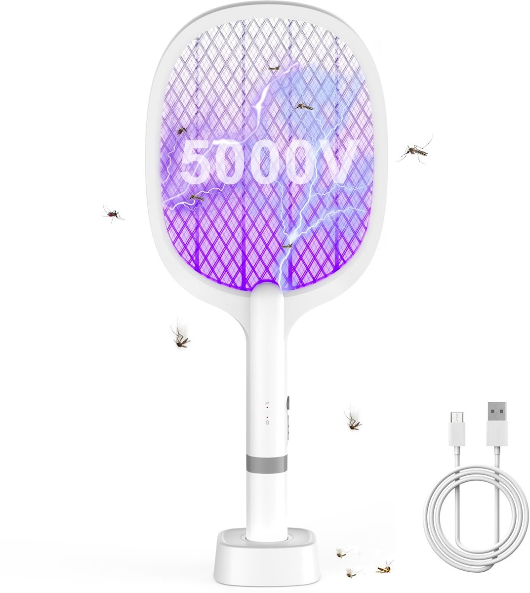 SnelShoppen - 5000V Elektrische Vliegenmepper - Extra Sterke 2 in 1 Muggenmepper met Oplaadbare Batterij & USB Type-C - UV Lichtval voor Vliegen en Mu