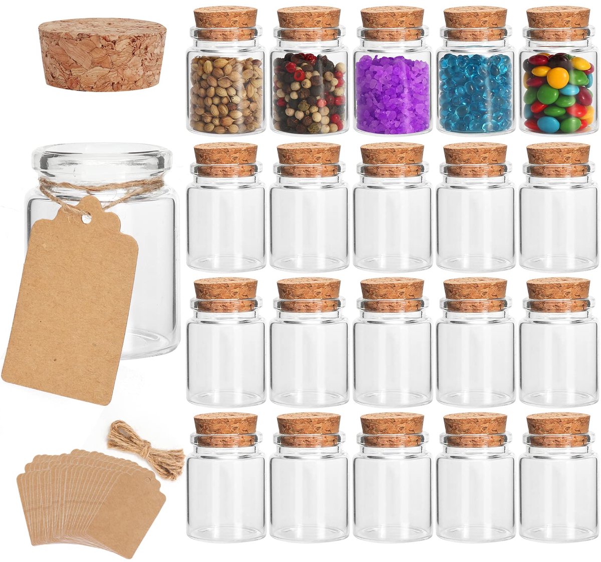 SnelShoppen - 20 stuks 30 ml mini glazen potjes met kurkstoppen - Doorzichtige wensflessen voor DIY kunst en ambachten - Cosmetica-container voor brui