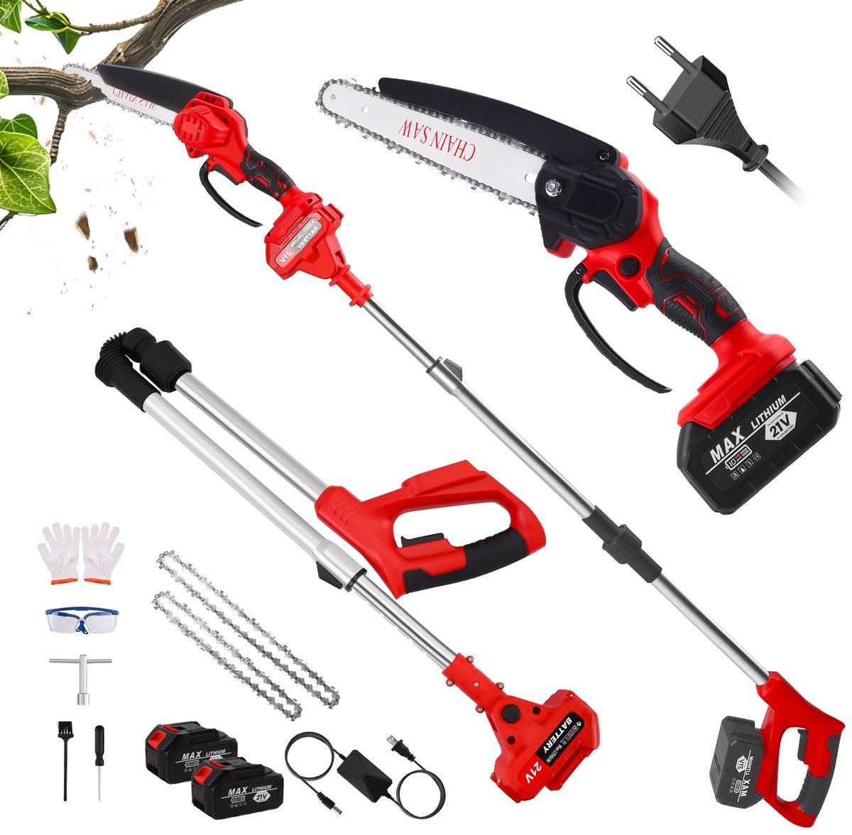 SnelShoppen - 20 cm Accu Snoeischaar en Takkenschaar 2-in-1, 20 V Borstelloze Motor, Elektrische Snoeischaar met Telescopische Takkenzaag, 90° Draaiba