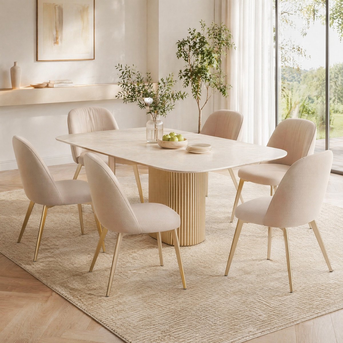 HAUSS SPOLE Eetkamerstoel - Luxe Velvet Design - Set Van 6 - Comfortabel Met Zachte Vulling En Gouden Metalen Poten - Beige
