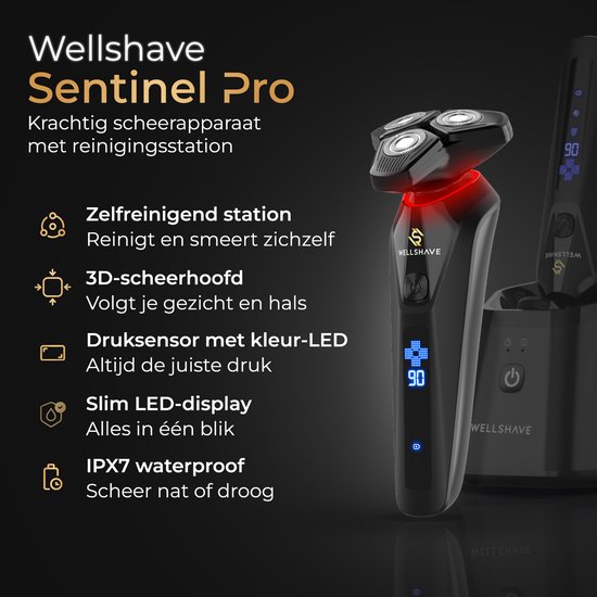 Wellshave Sentinel Pro scheerapparaat met reinigingsstation. Zwart met rode LED-indicatie. Tekst: "Zelfreinigend station", "3D-scheerhoofd", "Druk sensor met kleur-LED".