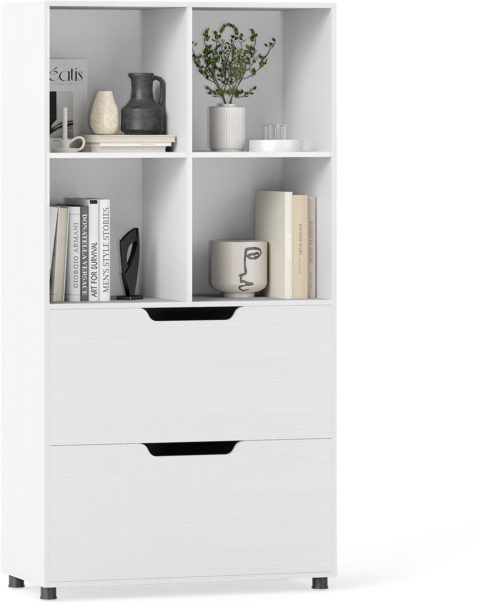 COSTWAY 4-vakken boekenplank met 2 laden, 5-laags vrijstaande boekenkast, open kubusplank hout, opbergkast voor woonkamer, kantoor, 70 x 33,5 x 130 cm (Wit)