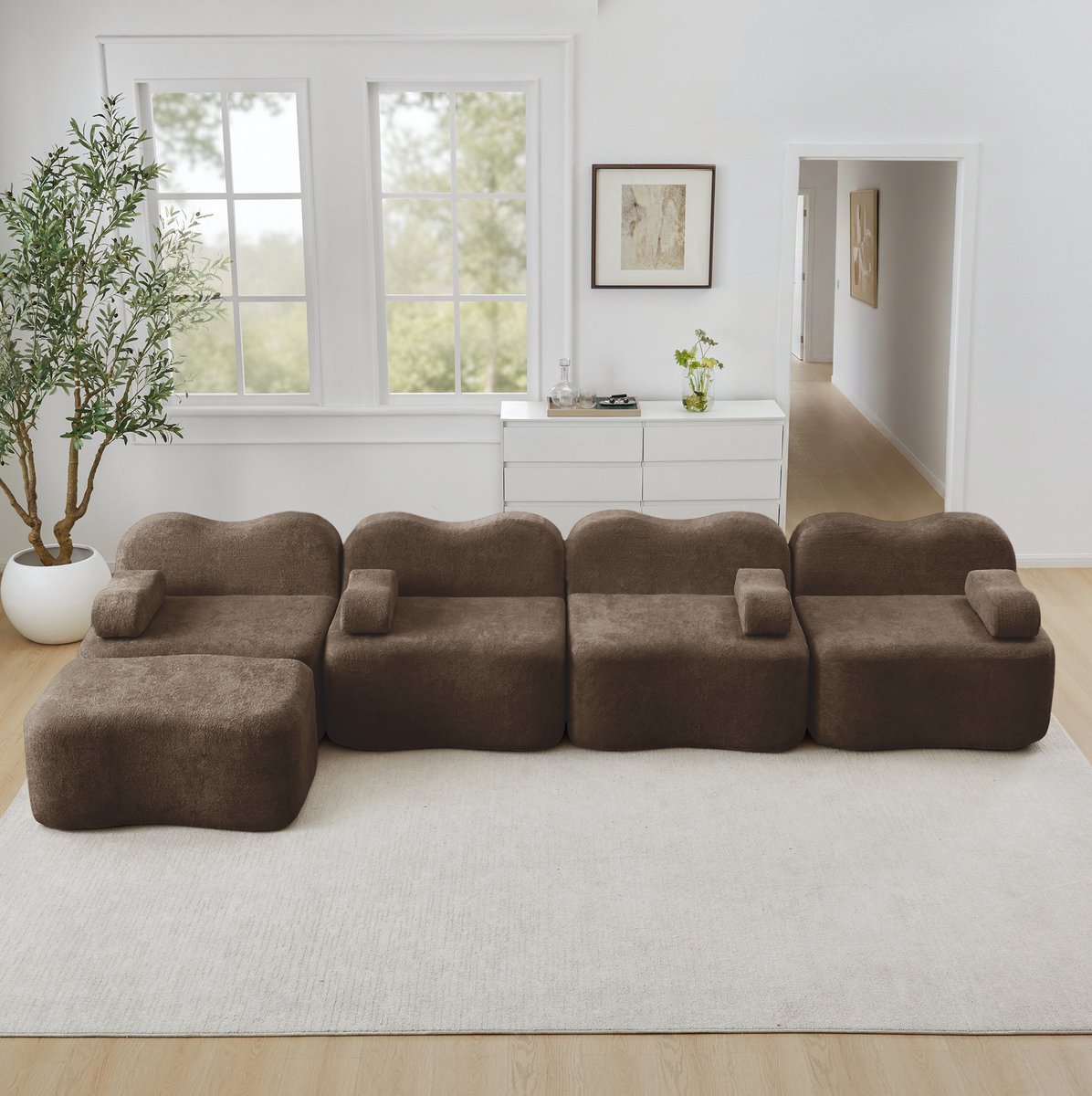 COVREO 4-zits hoekbank modulair boneless 384 x 167 x 70 cm bruin velvet met ottoman