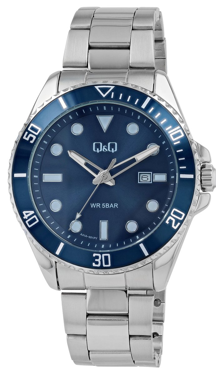 Q&Q- Herenhorloge- roestvrij staal- zilverkleurig-datum-blauw-5 atm waterdicht-diameter 44 mm