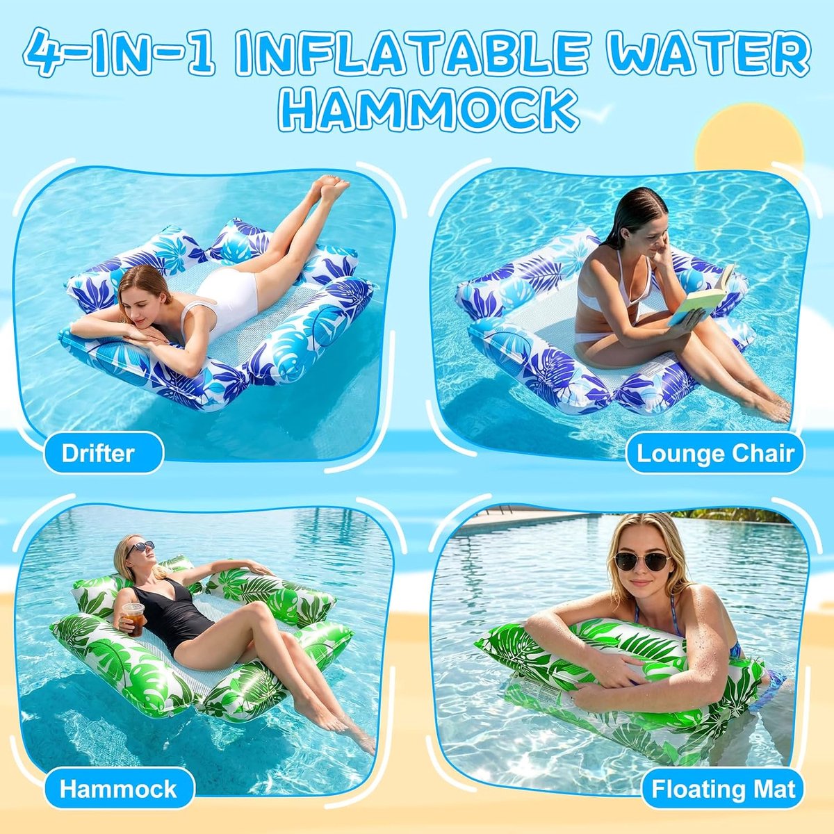SnelShoppen - 4-in-1 Opblaasbare Watermatras met 2 Stuks, Hammock, Loungebank, Drijfmat, zwembadspeelgoed voor Volwassenen en Kinderen, Blauw en Groen